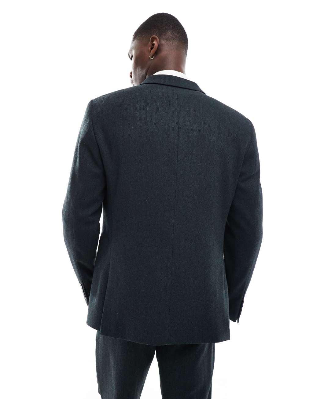 ASOS DESIGN slim fit wool mix suit jacket in herringbone in dark green Product Image