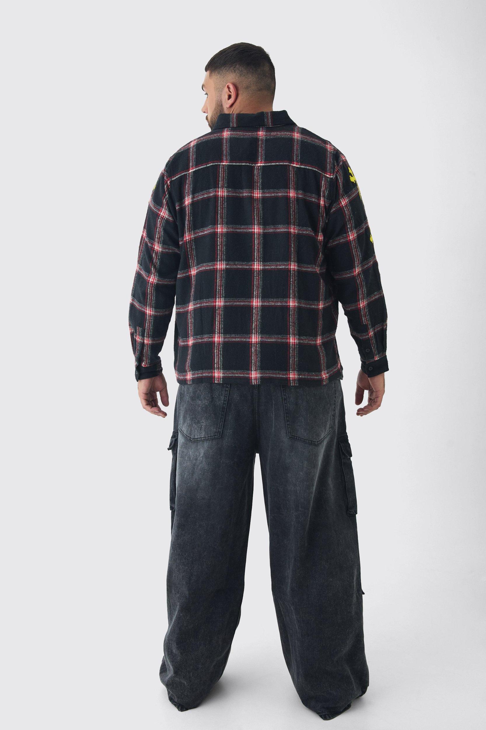 Plus Cross Applique Regular Fit PlaidShirt in Black | boohooMAN USA Product Image
