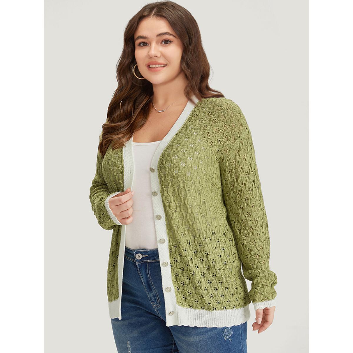 Plus Size Two Tone Patchwork Cut Out Button Down Cardigan Olive Women Casual Loose Long Sleeve Work Cardigans BloomChic 22-24/3X Product Image