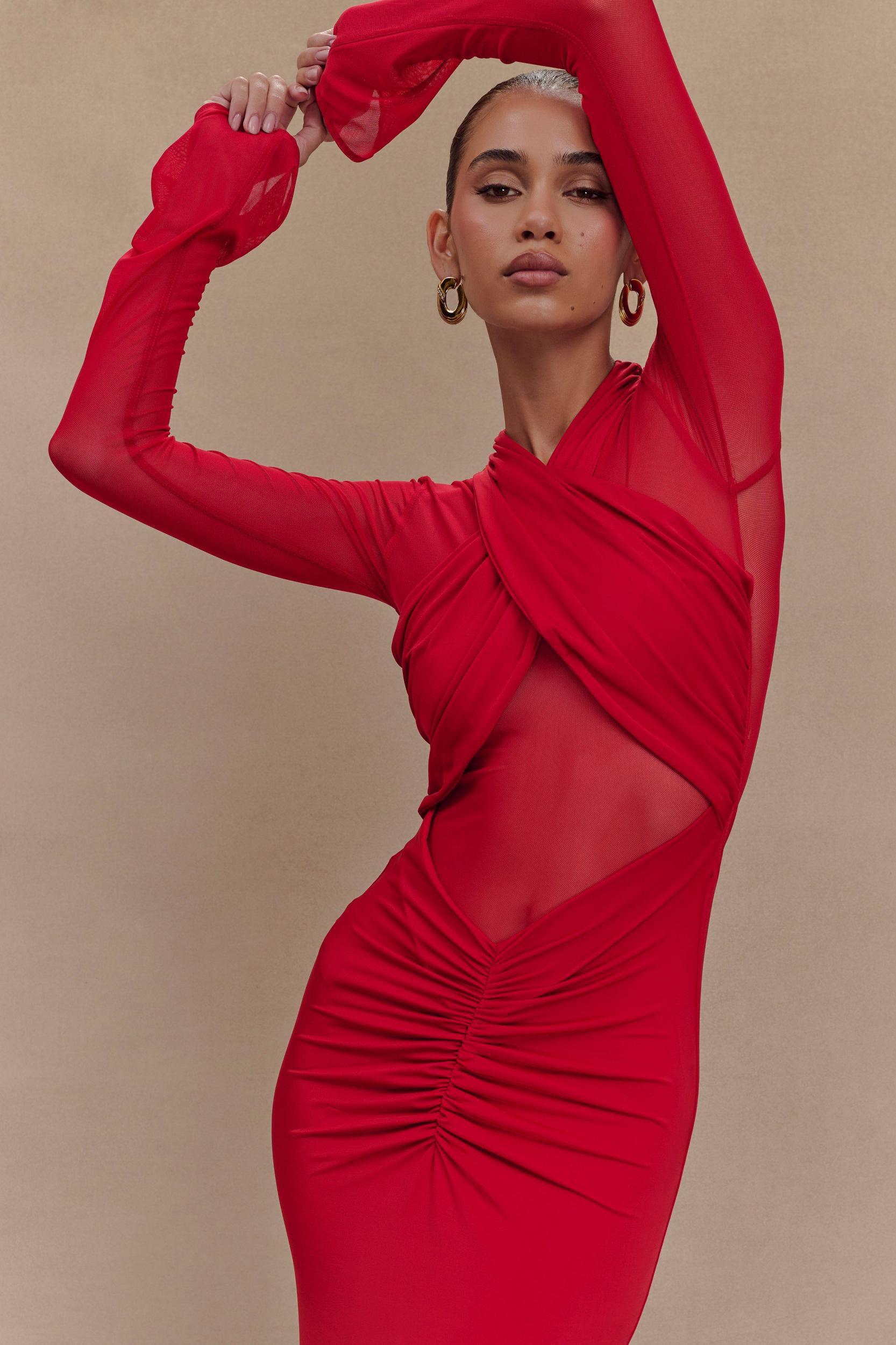 Tania Slinky And Mesh Long Sleeve Maxi Dress - Ruby Product Image