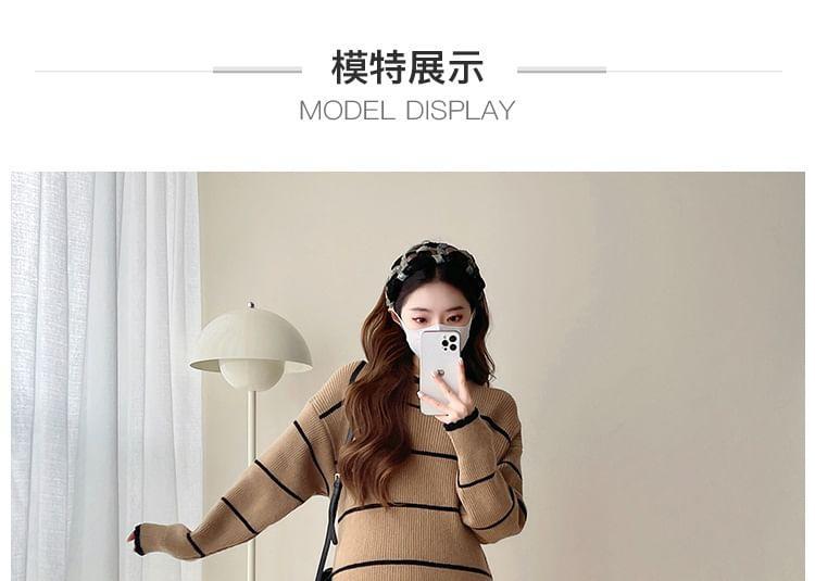 Maternity Long Sleeve Round Neck Striped Ribbed Midi Shift Sweater Dress Product Image