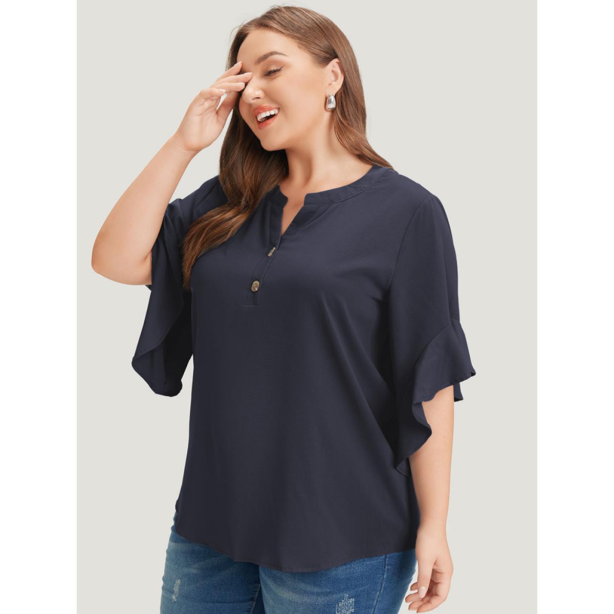 Plus Size Indigo Anti-Wrinkle Plain Notched Flutter Sleeve Button Up Blouse Women Office Short sleeve Notched collar Work Blouses BloomChic 28/5X Product Image