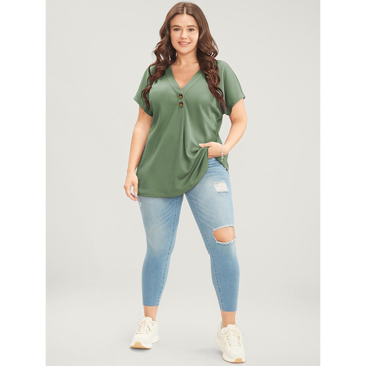 Plus Size Solid Dolman Sleeve Button Detail Waffle Knit T-shirt Mint Women Casual Button Plain V-neck Dailywear T-shirts BloomChic 22-24/3X Product Image