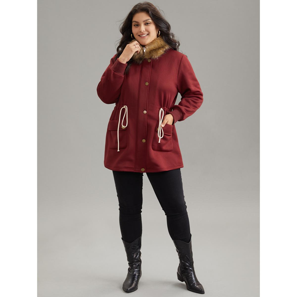 Plus Size Plian Drawstring Zipper Fuzzy Trim Hooded Coat Women Scarlet Casual Contrast Ladies Dailywear Winter Coats BloomChic 22-24/3X Product Image