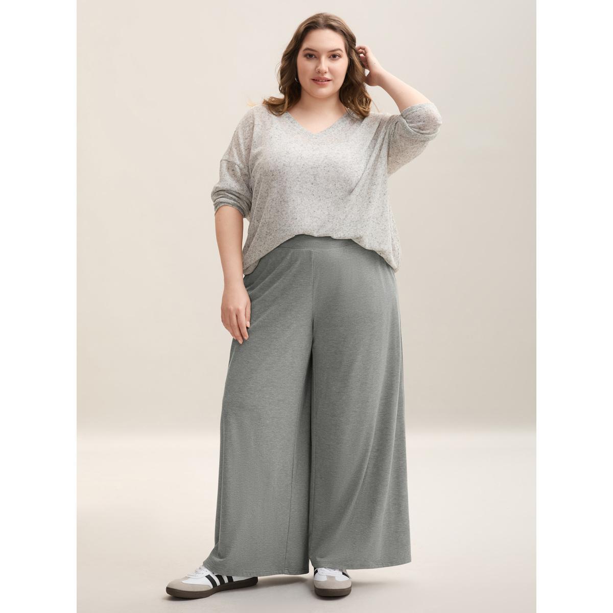 Plus Size Shirred Waist Wide Leg Pull-On Pants Women LightGray Casual Wide Leg Mid Rise Everyday Pants BloomChic 14-16/1X Product Image