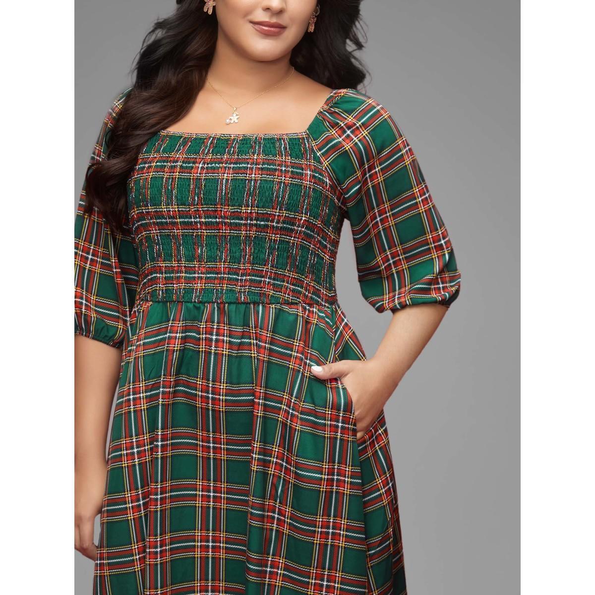 Plus Size Square Neckline Plaid Smocked Bodice Midi Dress Emerald Women Casual Shirred Square Neck Elbow-length sleeve Curvy BloomChic 30/6X Product Image