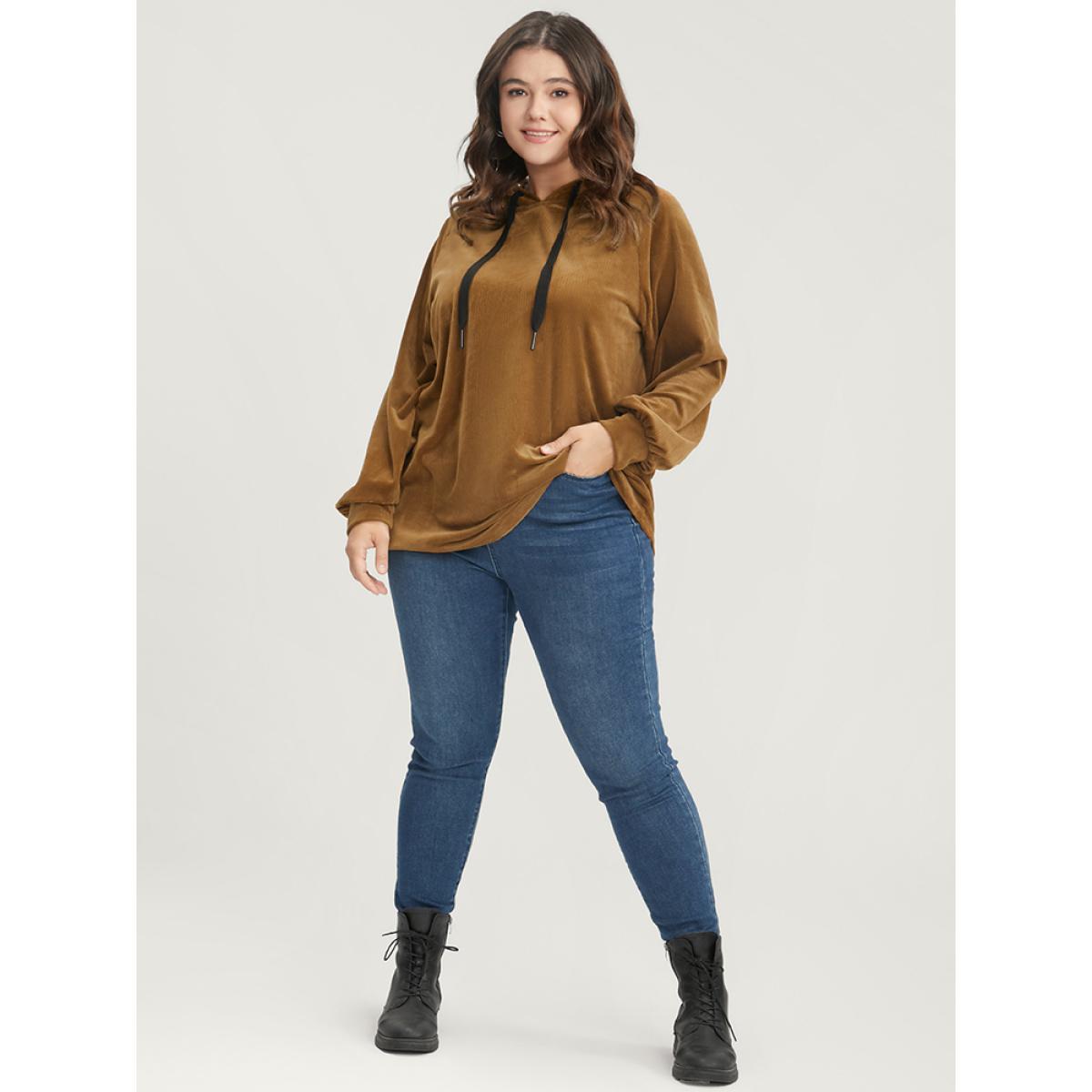Plus Size Solid Corduroy Drawstring Hooded Sweatshirt Women DarkBrown Casual Drawstring Hooded Dailywear Sweatshirts BloomChic 18-20/2X Product Image