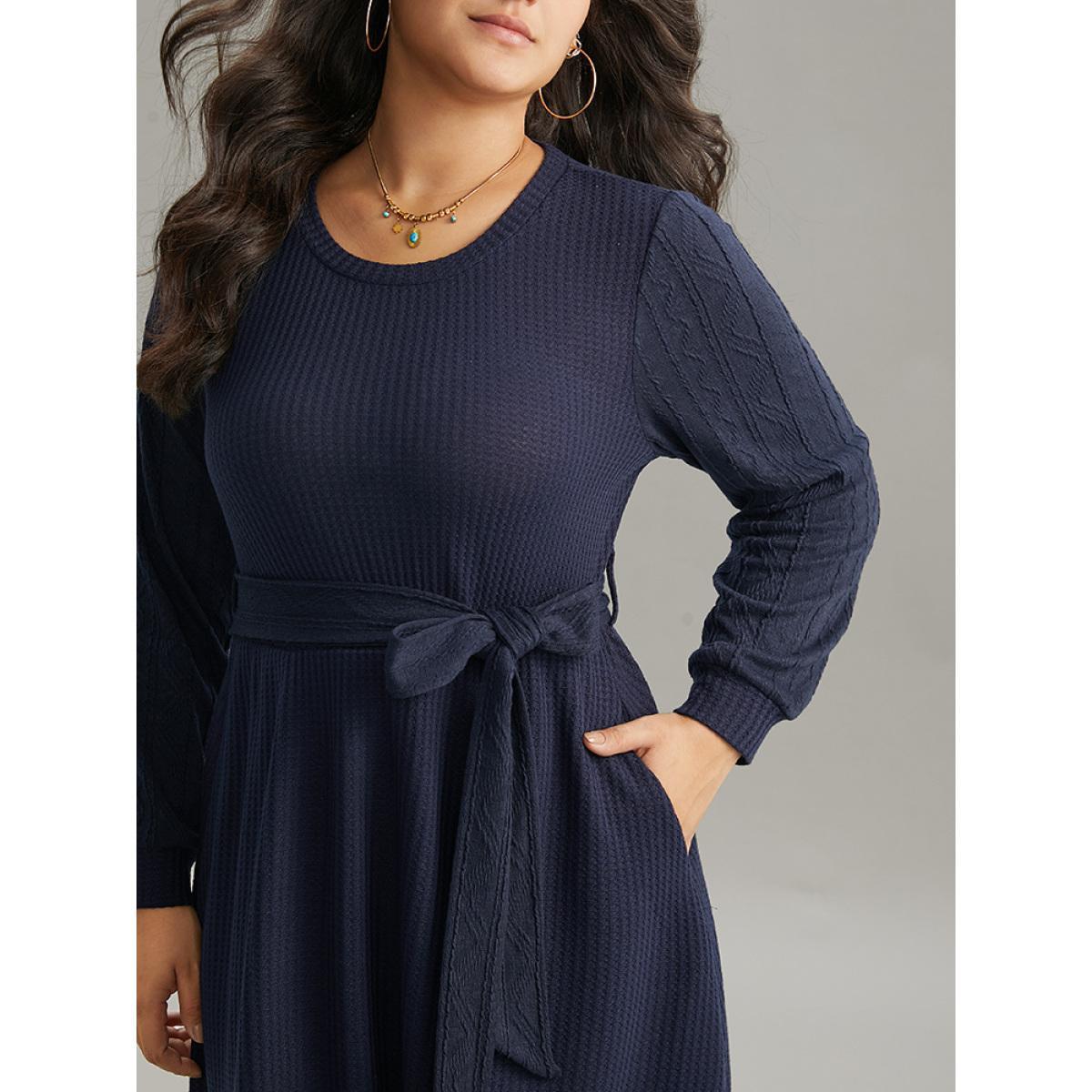 Plus Size Solid Waffle Knit Round Neck Belted Dress DarkBlue Women Casual Texture Round Neck Long Sleeve Curvy Midi Dress BloomChic 18-20/2X Product Image