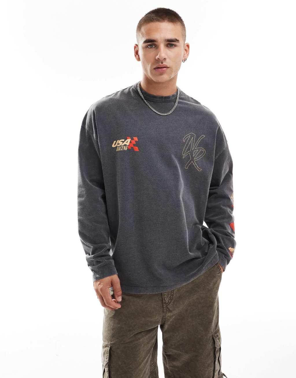 ASOS DESIGN oversized long sleeve T-shirt with racing chest and back print in washed black Product Image