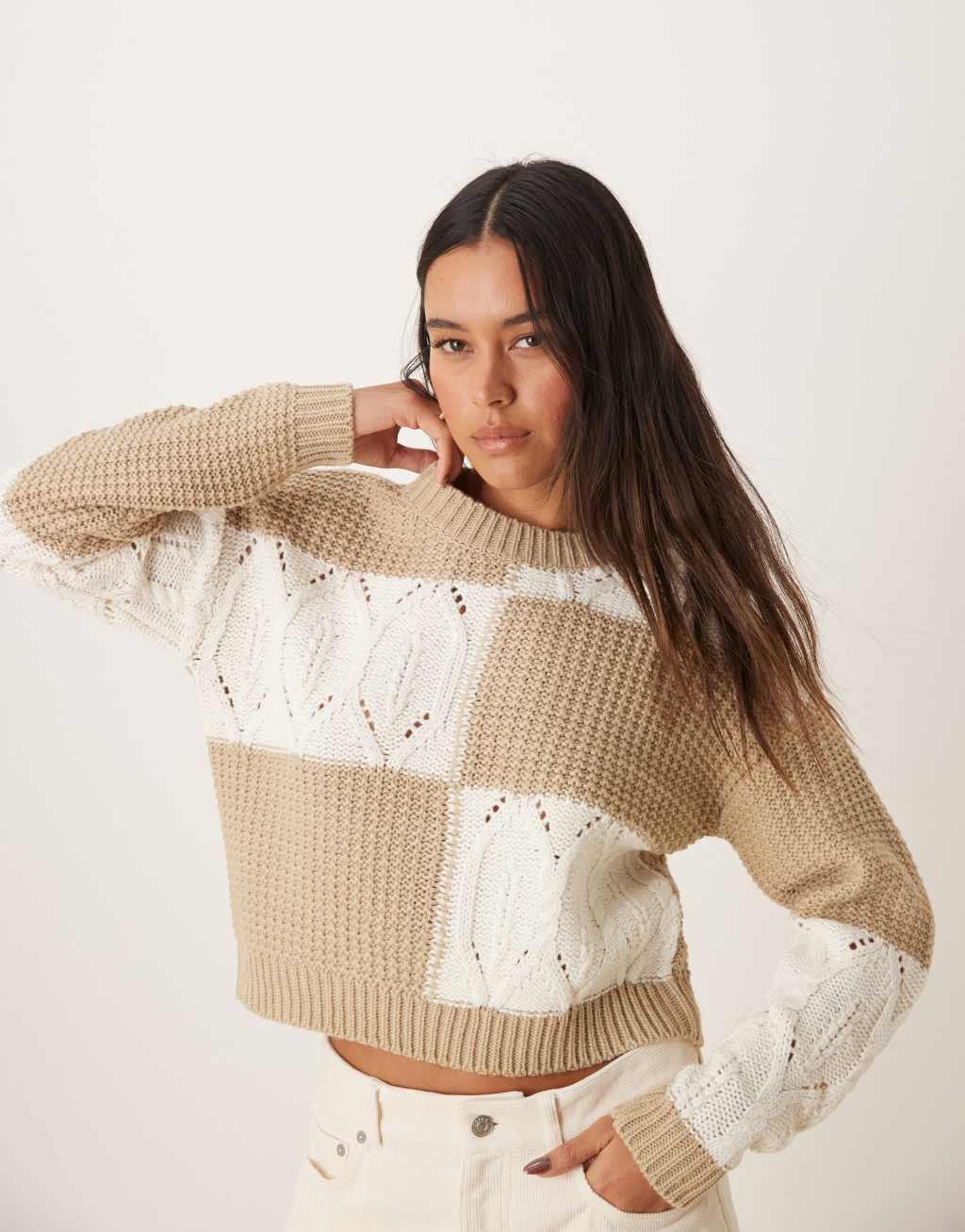 JDY mix structured sweater in white and beige Product Image