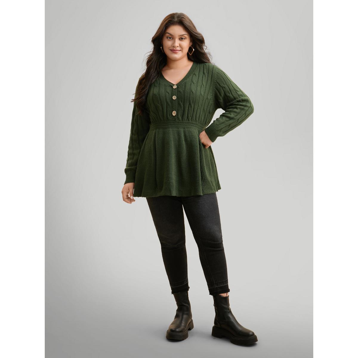 Plus Size Texture Cable Knit Button Detail Pullover ArmyGreen Women Casual Long Sleeve V-neck Everyday Pullovers BloomChic 30/6X Product Image