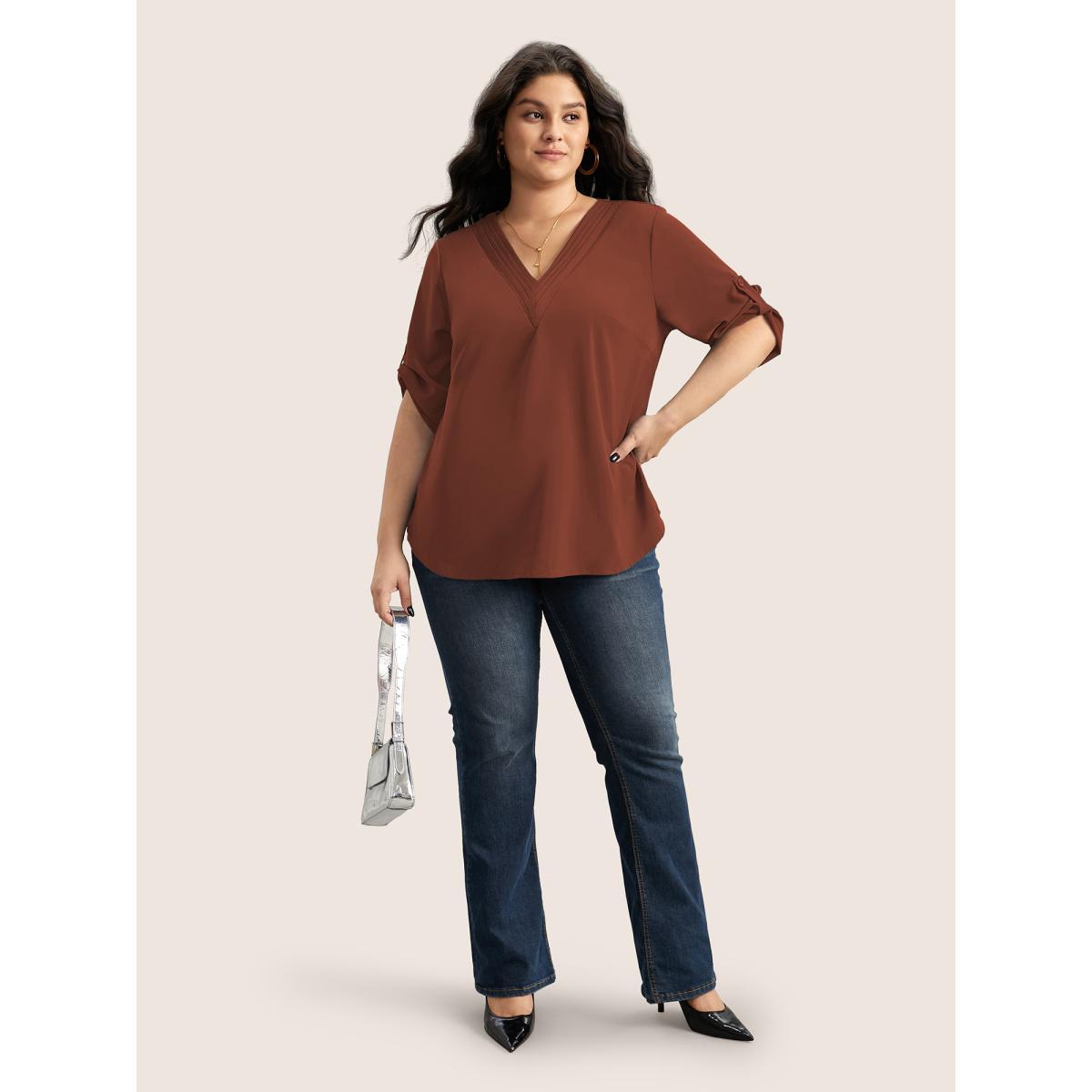 Plus Size Rust V Neck Plain Pleated Tab Sleeve Blouse Women At the Office Elbow-length sleeve V-neck Work Blouses BloomChic 28/5X Product Image