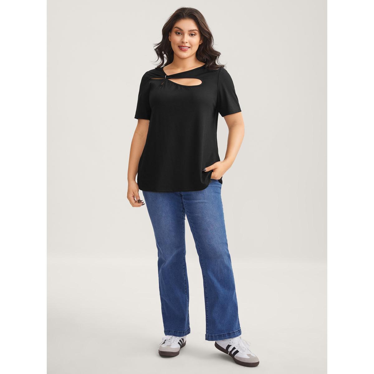 Plus Size Neck Cut-Out Round Neck T-Shirt Black Women Cut-Out Asymmetrical Neck Everyday-Casual T-shirts BloomChic 26/4X Product Image