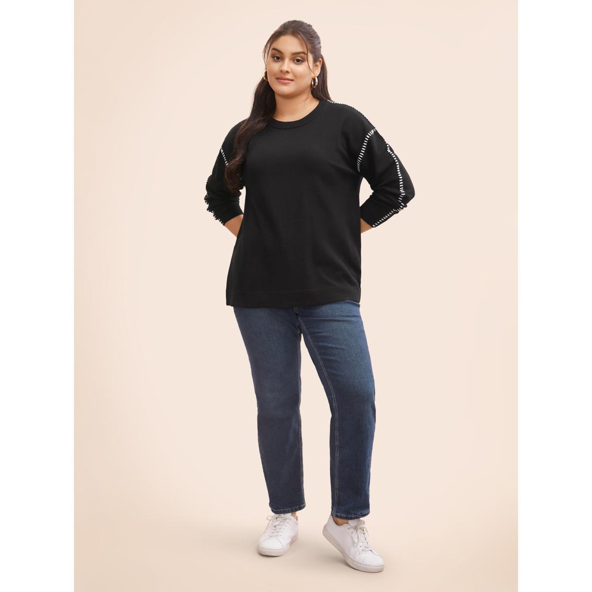Plus Size Crew Neck Contrast Trim Drop Shoulder Pullover Black Women Casual Long Sleeve Round Neck Everyday Pullovers BloomChic 10/M Product Image