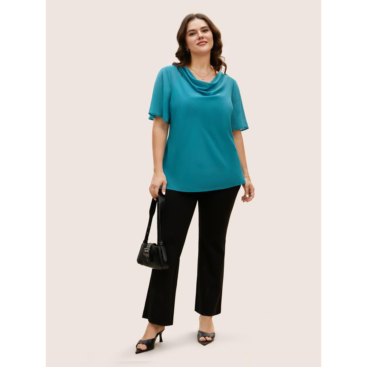 Plus Size Cerulean Cowl Neck Chiffon Mesh Flutter Sleeve Blouse Women Work From Home Half Sleeve Cowl Neck Work Blouses BloomChic 10/M Product Image