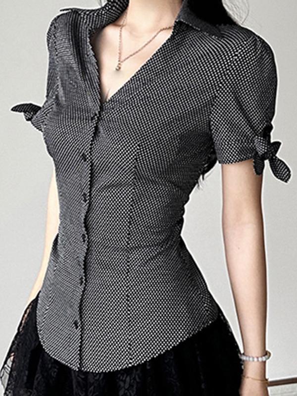 Vintage Style Bow Tie Lapel Short Sleeves Shirts Product Image