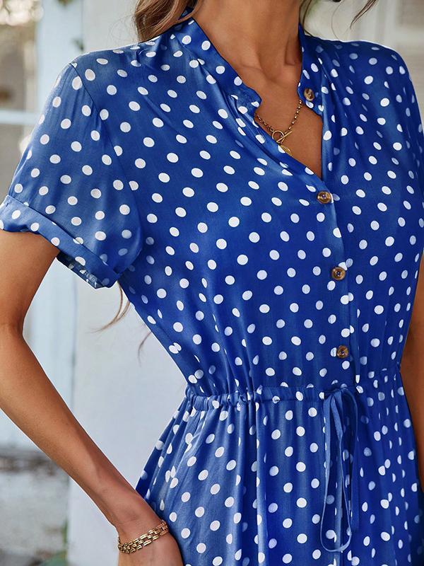 A-Line High Waisted Buttoned Drawstring Polka-Dot V-Neck Midi Dresses Product Image