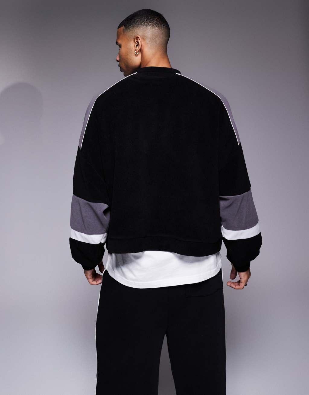 ASOS DESIGN extreme oversized color block sweater in black gray and white fleece Product Image