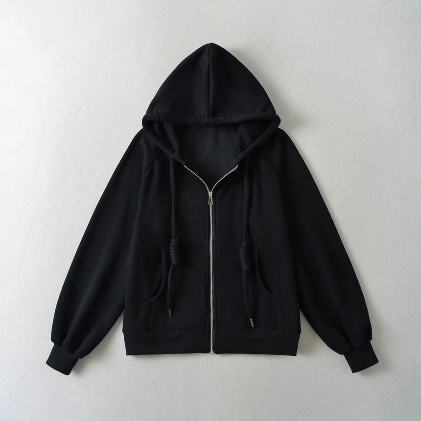 Drawstring Plain Zip Up Hoodie Product Image