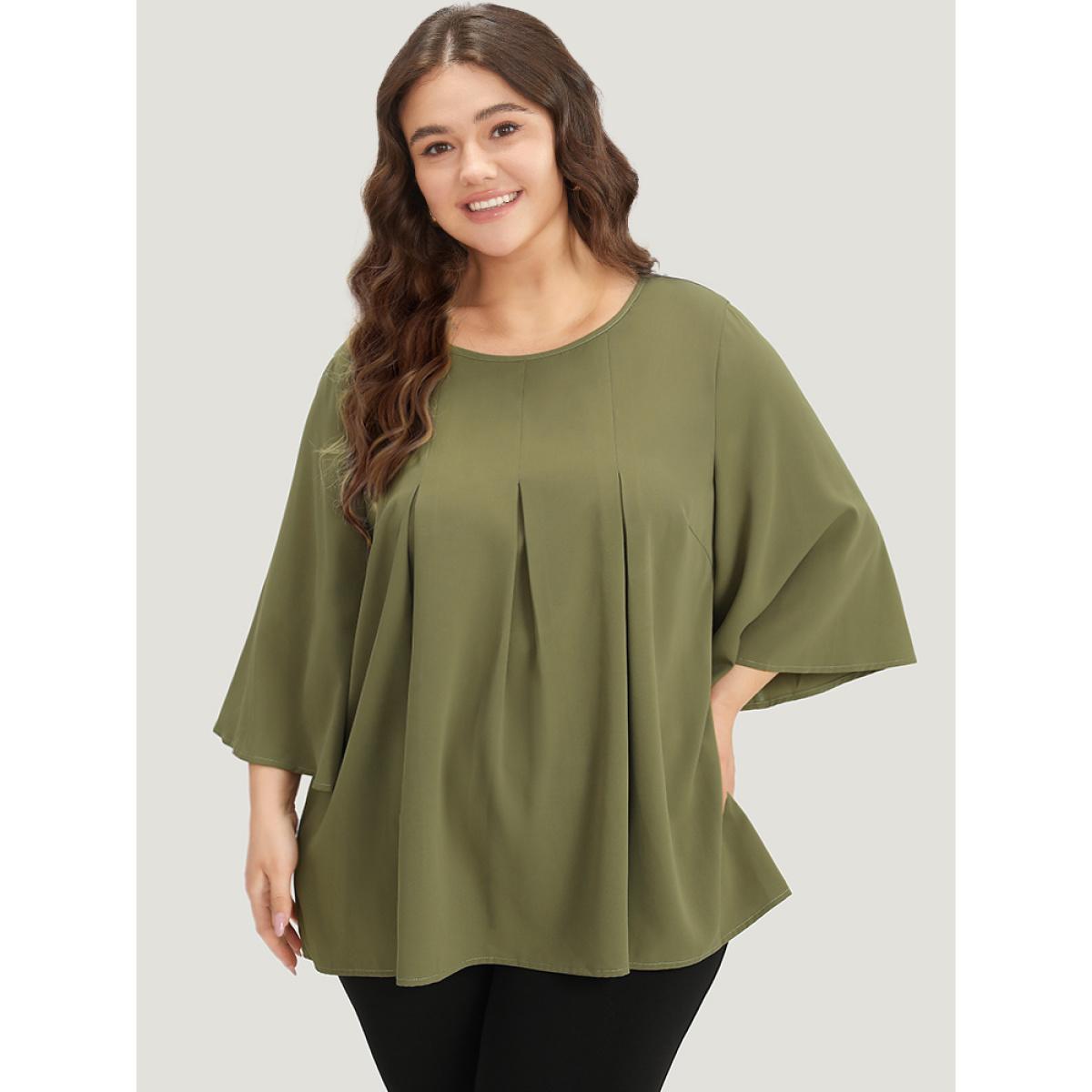 Plus Size ArmyGreen Plain Pleated Detail Bell Sleeve Blouse Women Office Elbow-length sleeve Round Neck Work Blouses BloomChic 22-24/3X Product Image