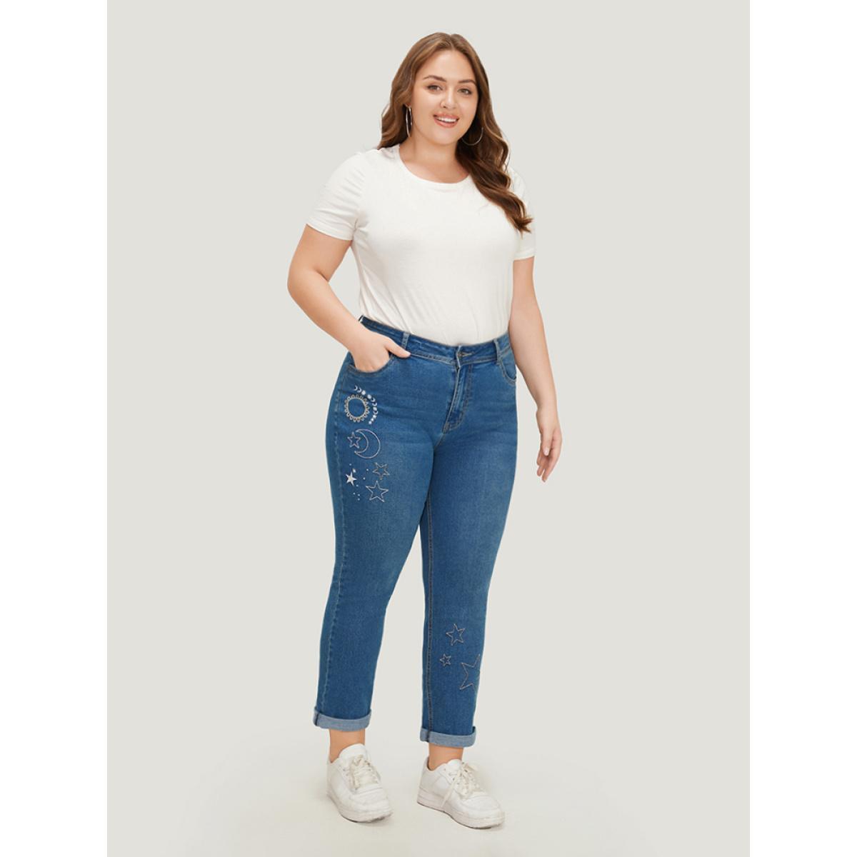 Plus Size Very Stretchy High Rise Moon & Star Embroidered Jeans Women Blue Casual Star and moon Roll Hem High stretch Pocket Jeans BloomChic 16/1X Product Image