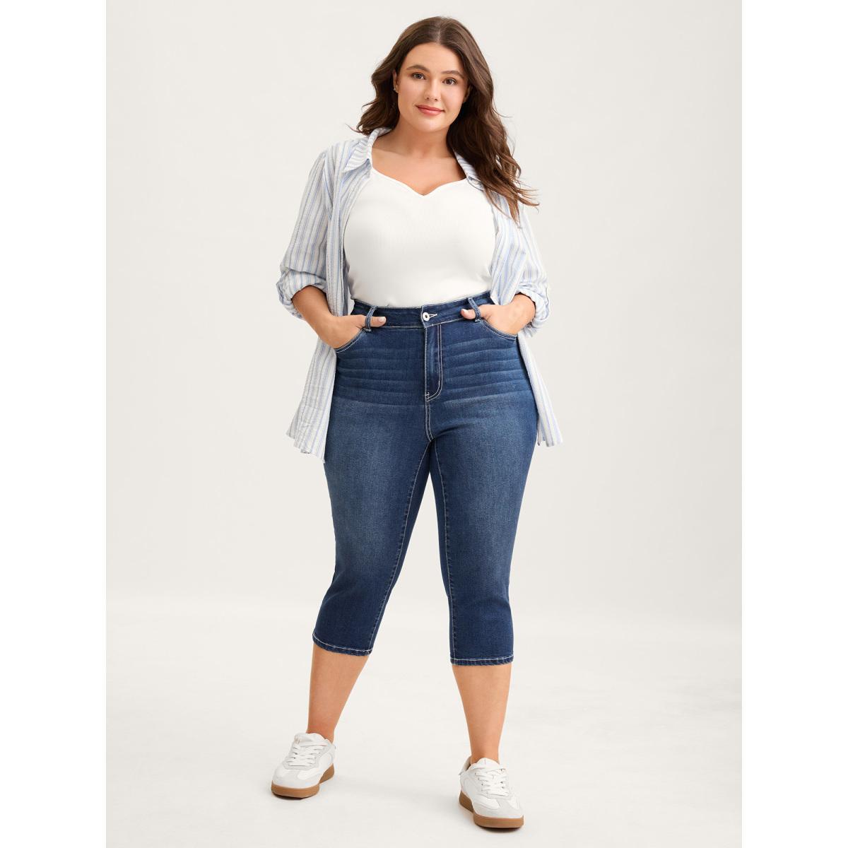 Plus Size Stretchy Booty-Lifting Skinny-Fit Jeans Women Midblue High stretch Slanted pocket Jeans BloomChic 10/M Product Image