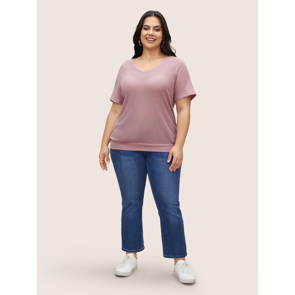 Plus Size Plain Waffle Knit V Neck T-shirt Rouge Women Casual Non V-neck Everyday T-shirts BloomChic 12/L Product Image