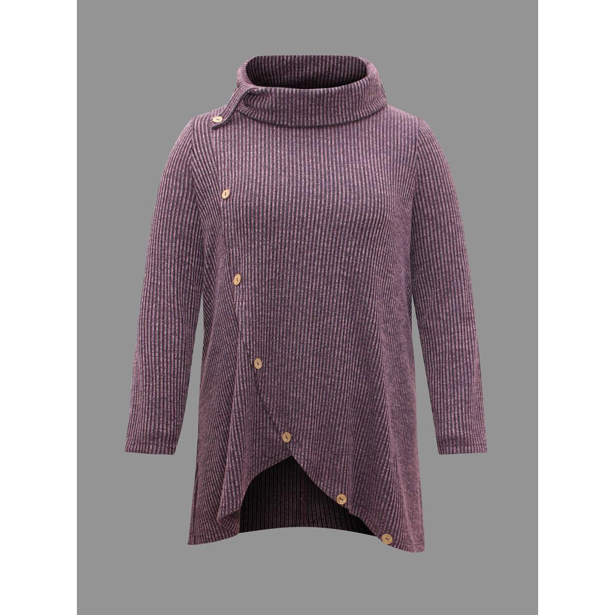 Plus Size Rib Knit Button Detail Wrap Hem Sweatshirt Women Mauve Casual Overlapping Loose Ruffled collar Everyday Sweatshirts BloomChic 30/6X Product Image