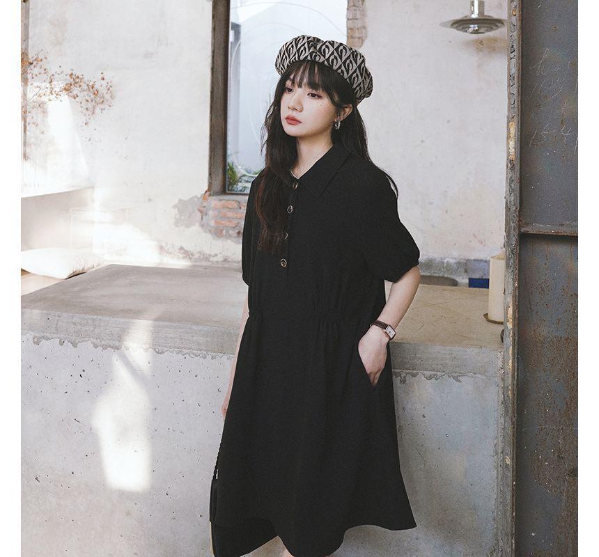 Short-Sleeve Collared Plain Button Ruched A-Line Dress Product Image