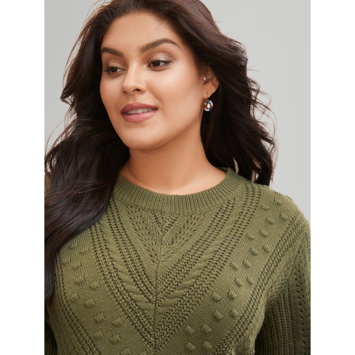 Plus Size Solid Round Neck Cable Knit Pullover ArmyGreen Women Casual Long Sleeve Round Neck Everyday Pullovers BloomChic 18-20/2X Product Image