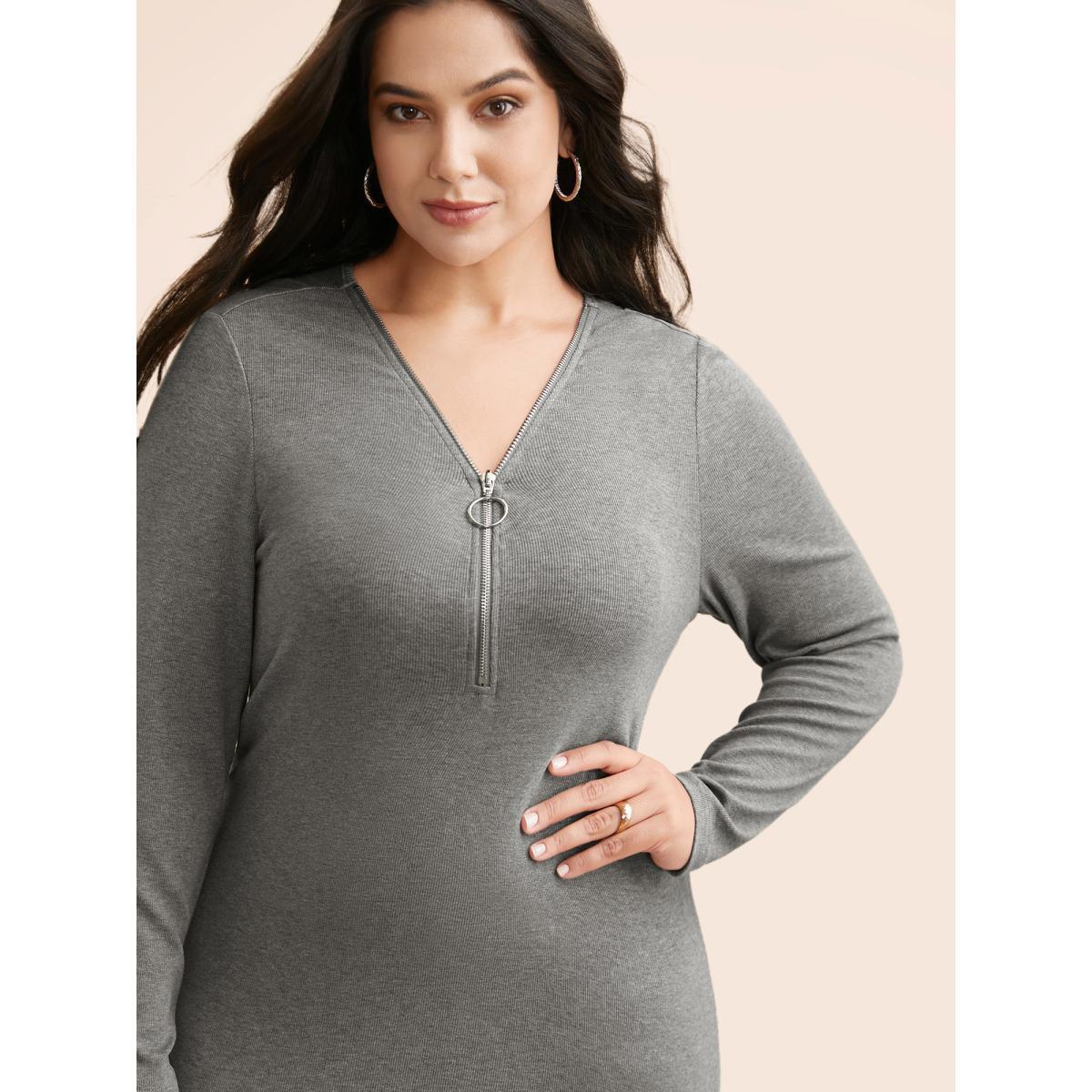 Plus Size Solid Knit Zipper Midi Dress DarkGray Women Casual Texture Knit Dresses Bloomchic 22-24/3X Product Image