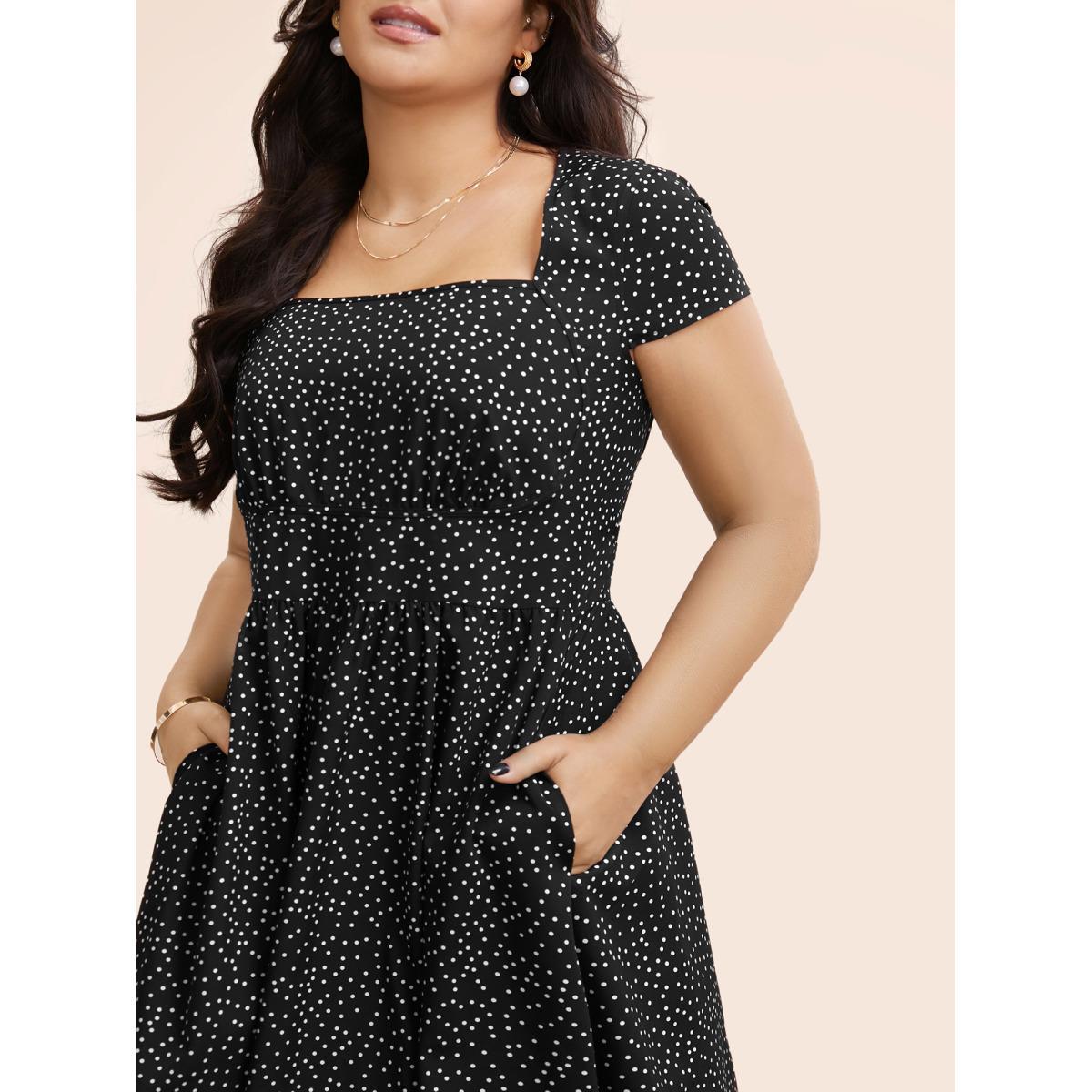 Plus Size Square Neck Polka Dot Shirred Midi Dress Black Women Elegant Shirred Square Neck Cap Sleeve Curvy BloomChic 14-16/1X Product Image