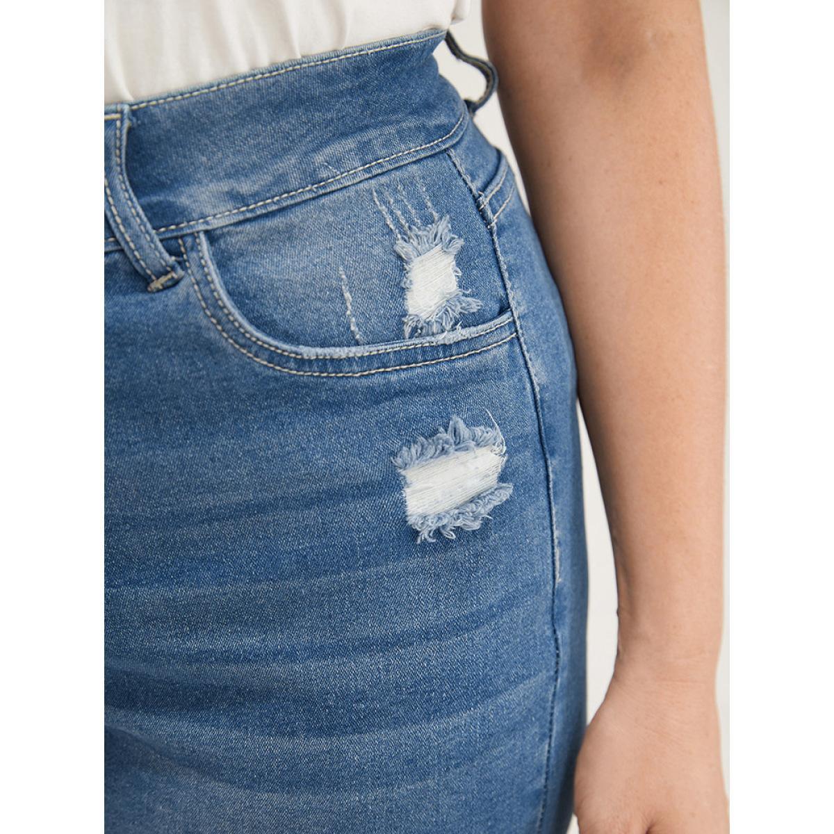 Plus Size Moderately Stretchy High Rise Roll Hem Single Breasted Jeans Women Blue Casual Plain Medium stretch Pocket Jeans BloomChic 28/5X Product Image