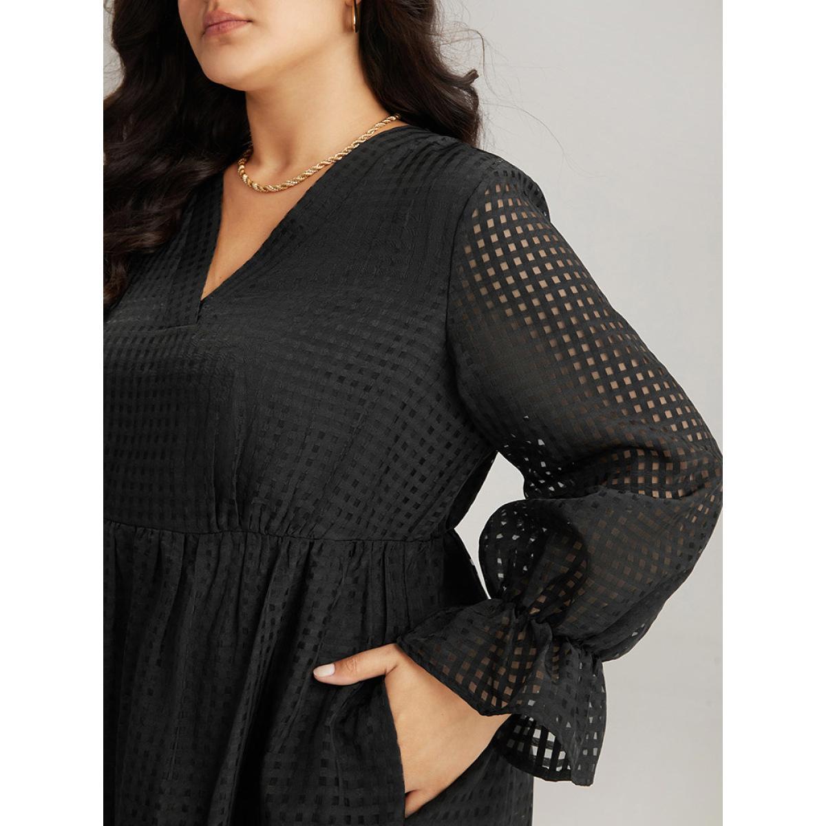 Plus Size Solid Pocket Mesh Frill Trim Dress Black Women Elegant See through V-neck Long Sleeve Curvy Midi Dress BloomChic 10/M Product Image