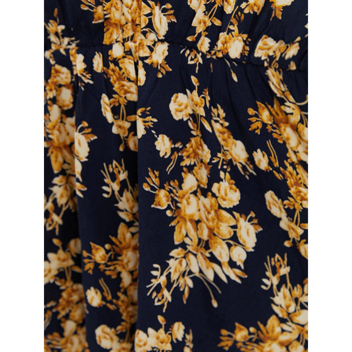 Plus Size Indigo Floral Print Flutter Sleeve Elastic Waist Blouse Women Elegant Short sleeve Round Neck Dailywear Blouses BloomChic 26/4X Product Image