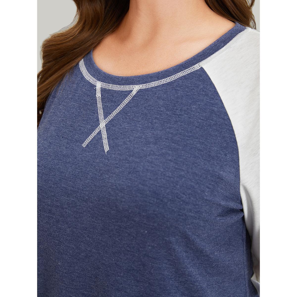 Plus Size Supersoft Essentials Two Tone Stitch Roll Raglan Sleeve T-shirt DarkBlue Women Casual Contrast Colorblock Round Neck Dailywear T-shirts BloomChic 14-16/1X Product Image