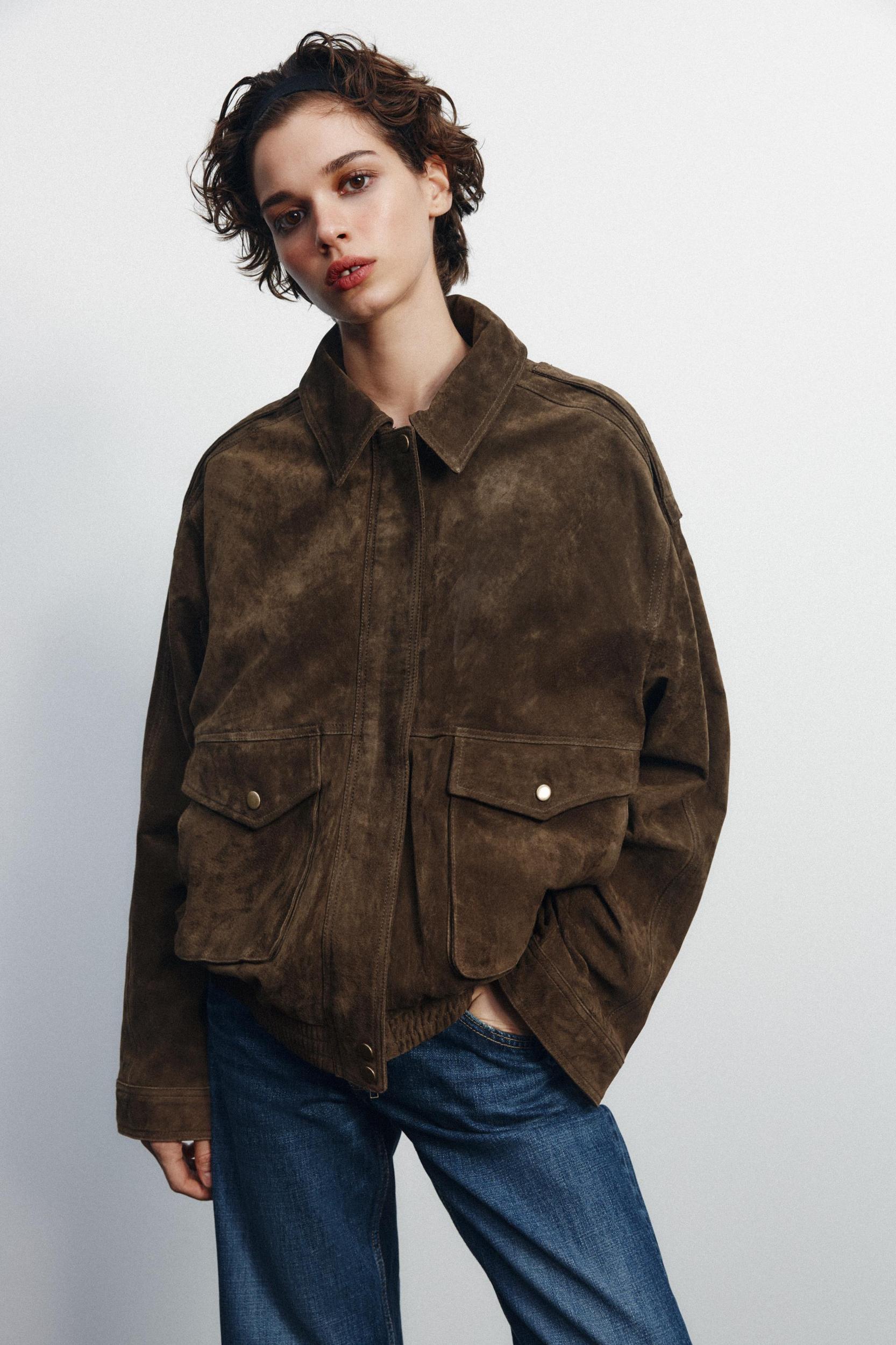 100% SUEDE BOMBER JACKET WITH POCKETS Product Image