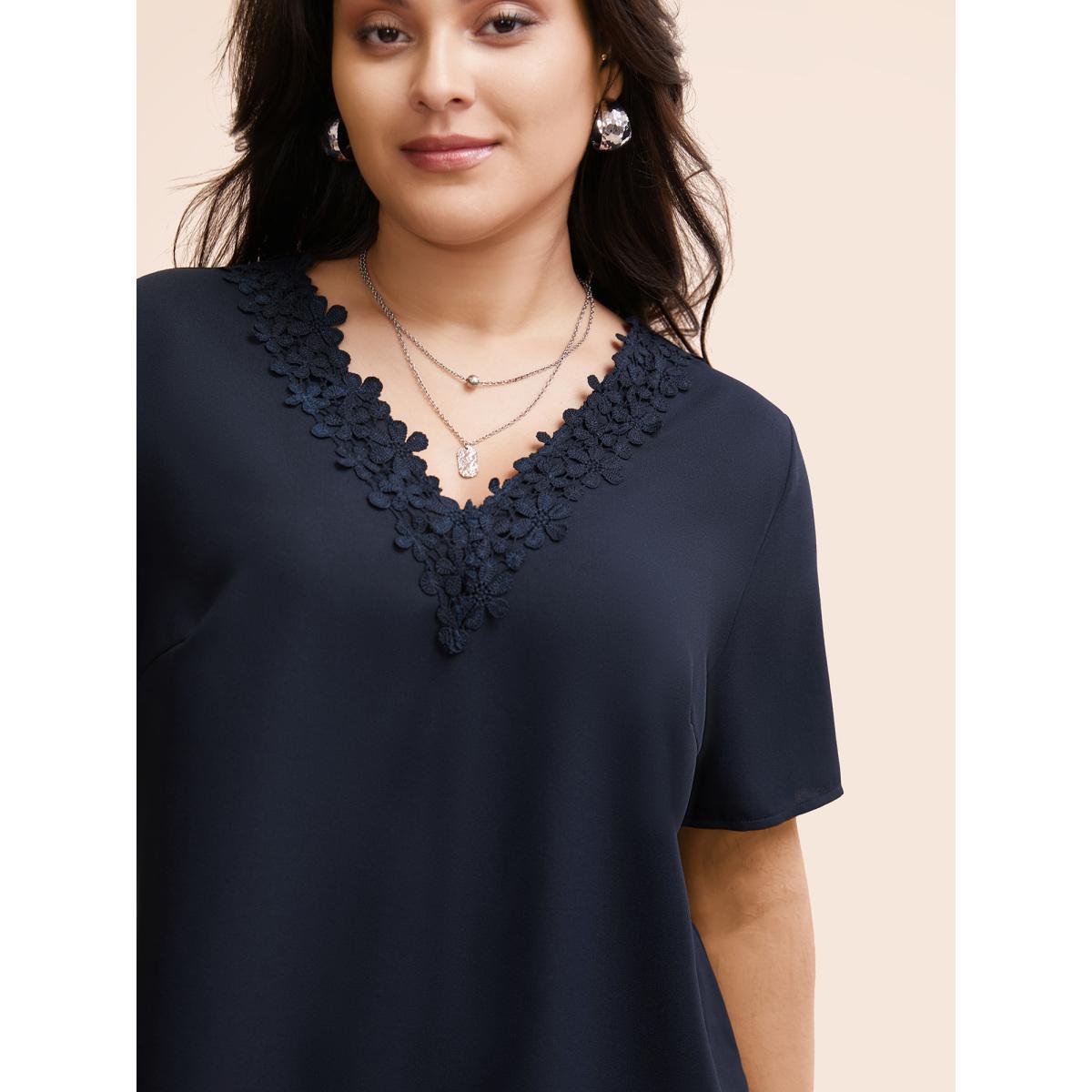 Plus Size Indigo Solid V Neck Woven Ribbon Blouse Women Elegant Half Sleeve V-neck Everyday Blouses BloomChic 28/5X Product Image