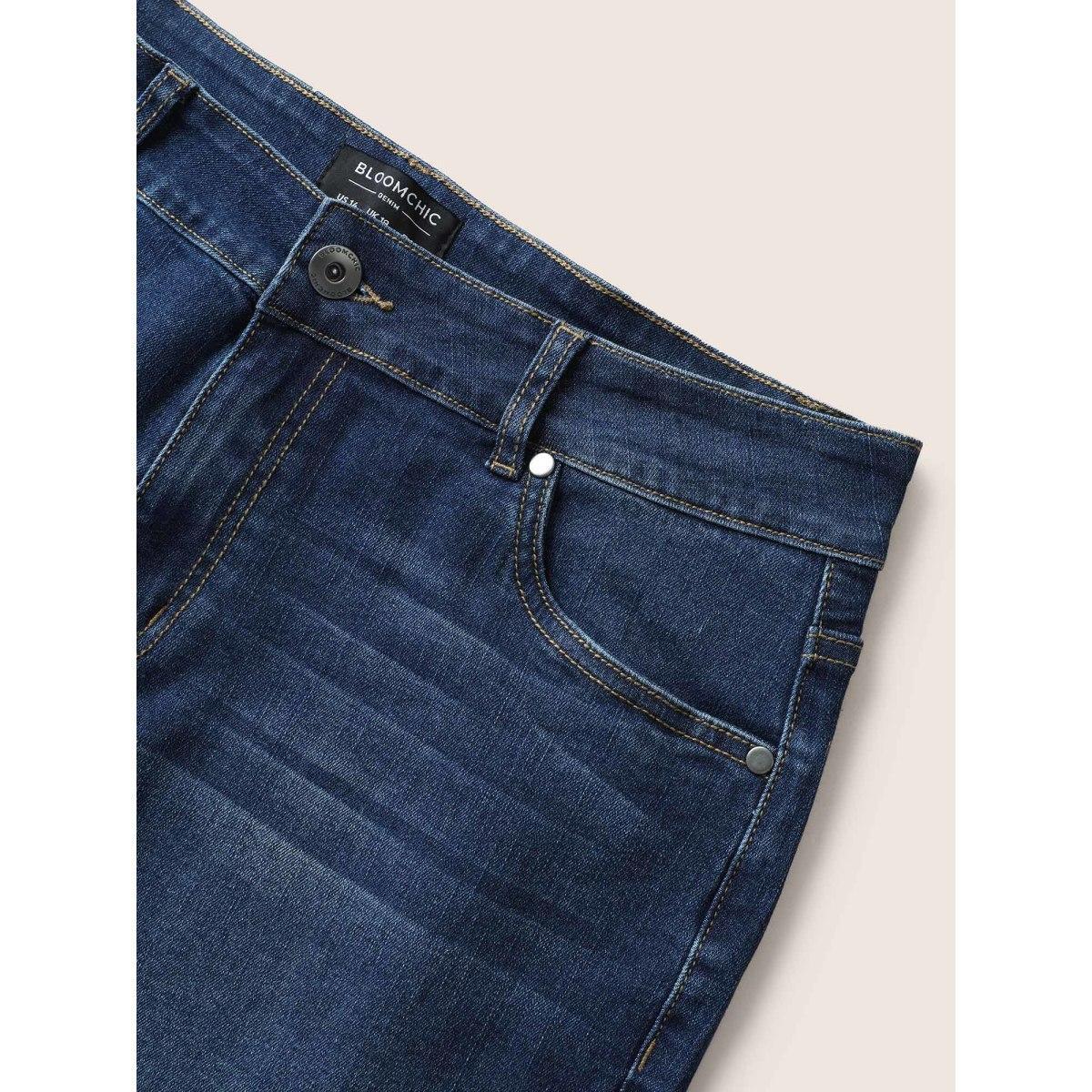 Plus Size Medium Wash Button Up Denim Shorts Women Blue Button High stretch Everyday Slanted pocket Casual Denim Shorts BloomChic 14/1X Product Image