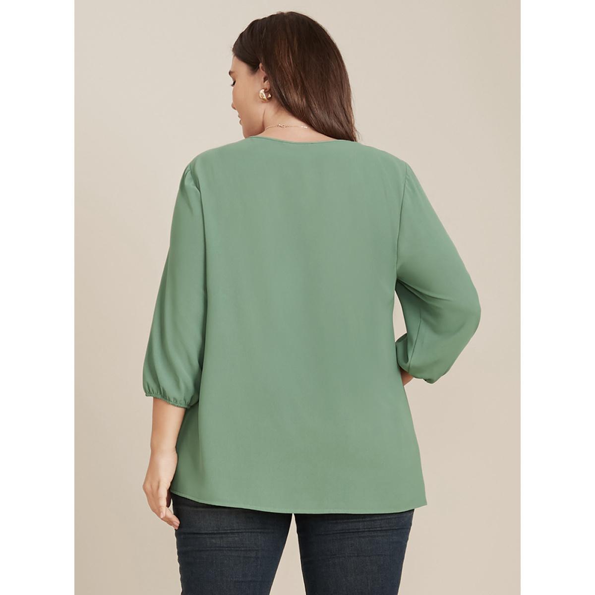 Plus Size Emerald Solid Lantern Sleeve Lace Trim V Neck Blouse Women Elegant Elbow-length sleeve V-neck Dailywear Blouses BloomChic 14-16/1X Product Image