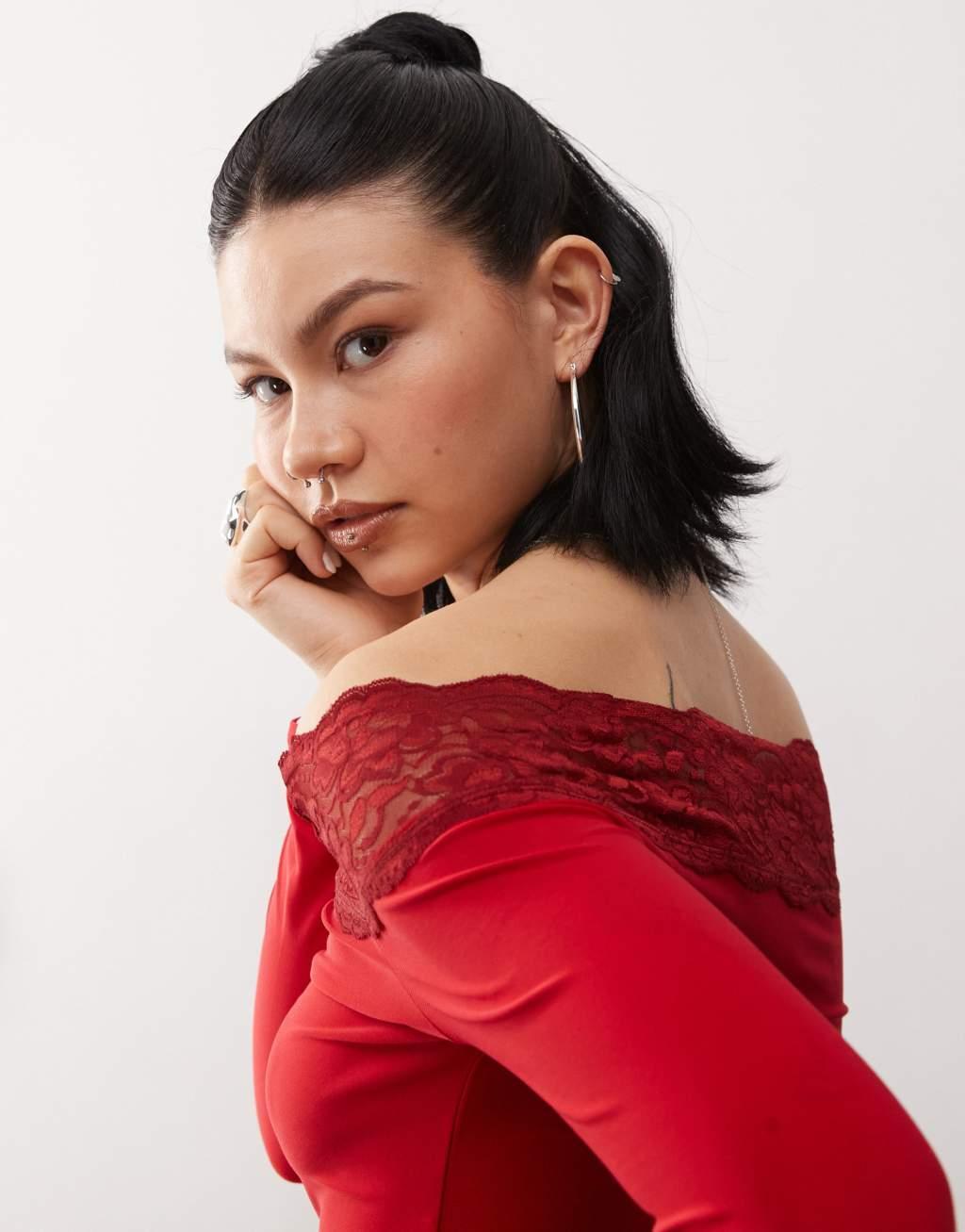 Reclaimed Vintage off the shoulder lace trim top in cherry red Product Image