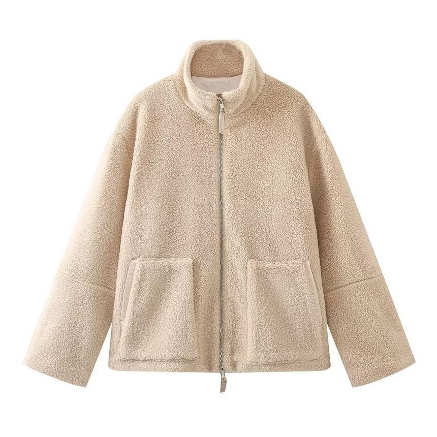 Stand Collar Plain Fleece Zip Jacket Product Image