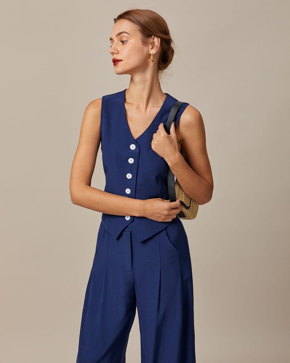 The Navy V Neck Button Up Sleeveless Vest Product Image