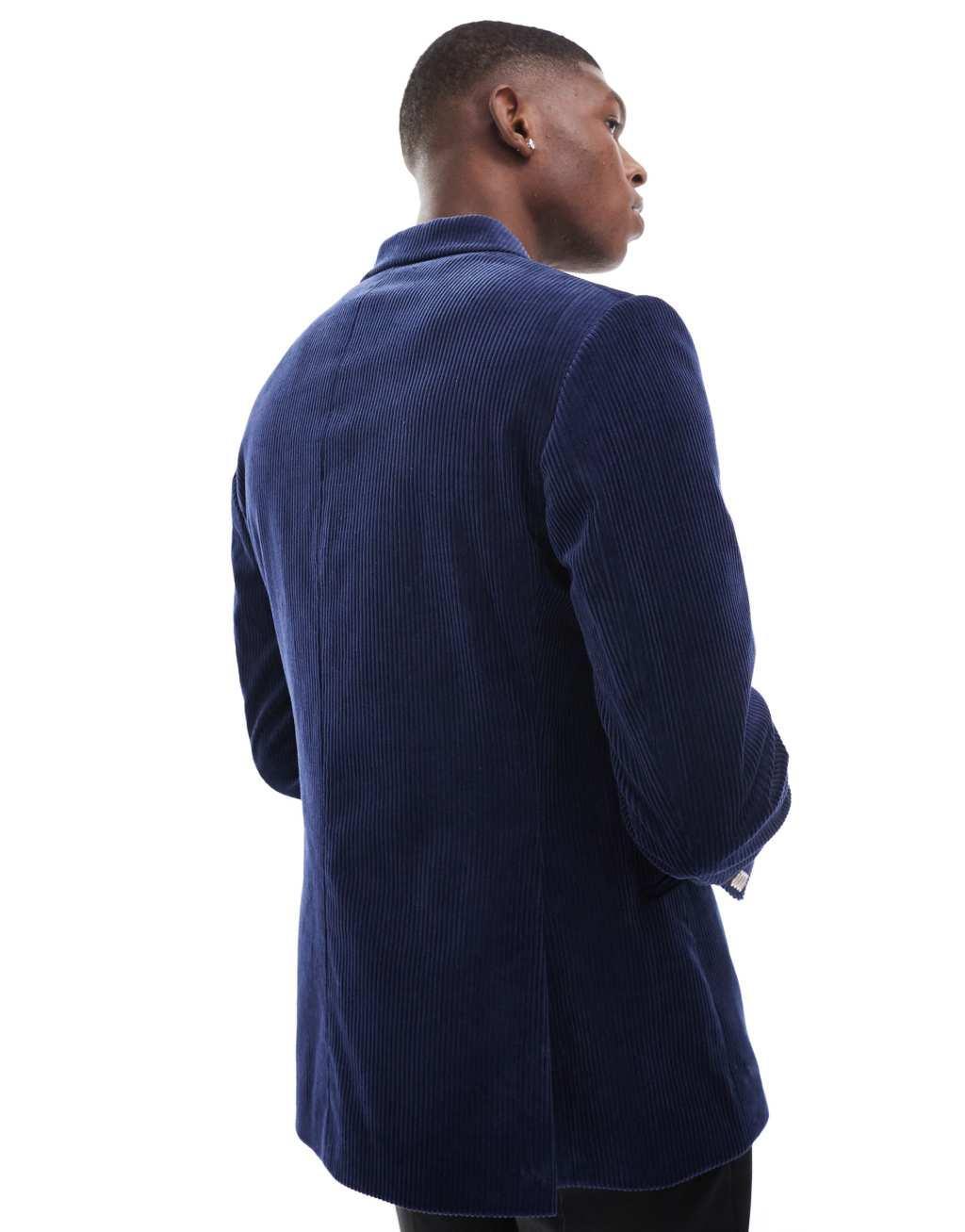  ASOS DESIGN slim fit double breasted corduroy blazer in navy Product Image