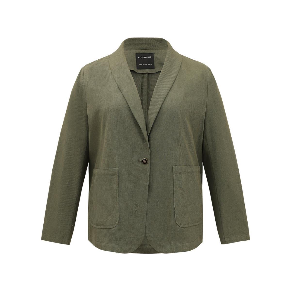 Plus Size Plisse Lapel Collar Patched Pocket Blazer ArmyGreen Women Dailywear Plain Plain Sleeve Long Sleeve Lapel Collar 10/M Pocket Casual Blazers BloomChic Product Image