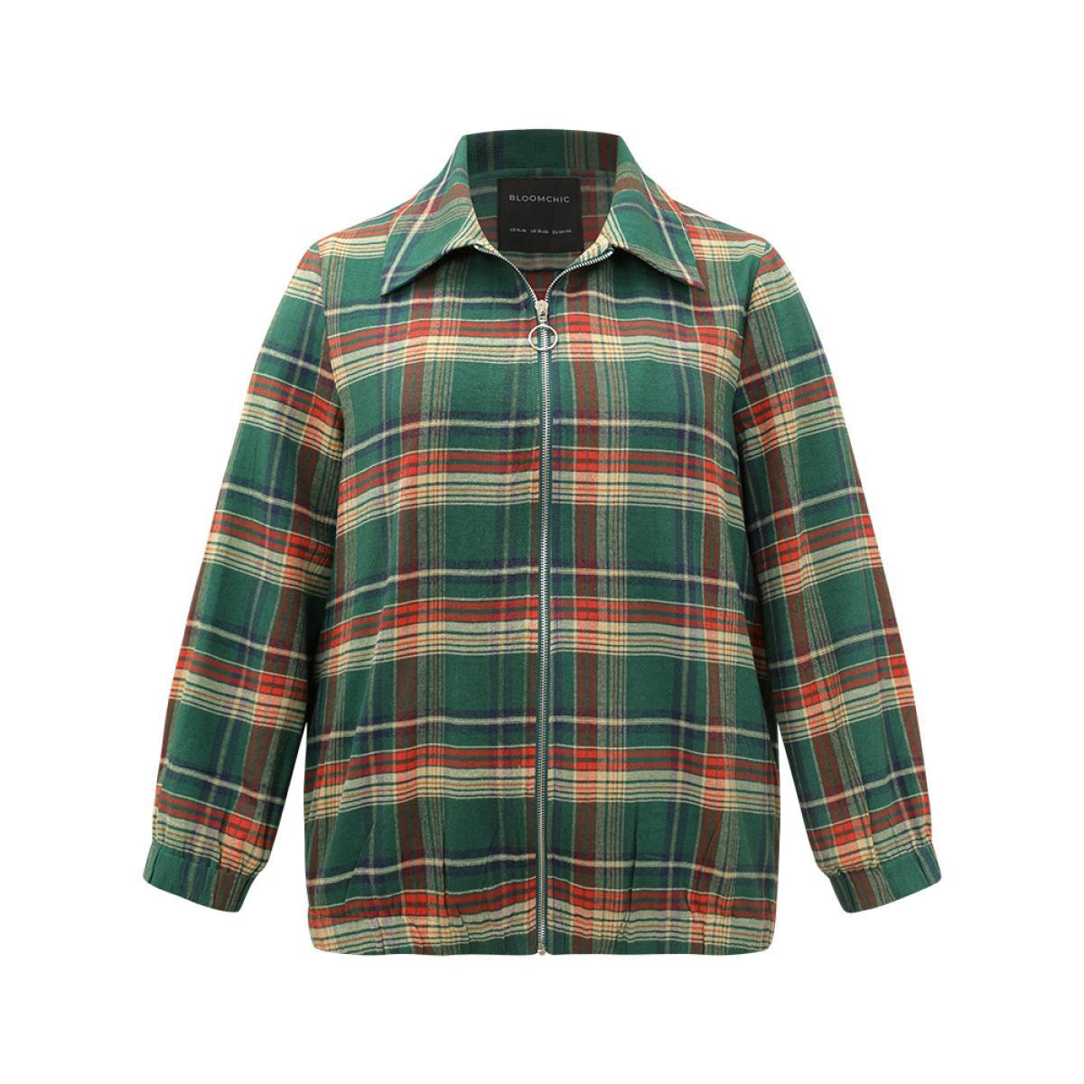 Plus Size Plaid Contrast Zipper Pocket Jacket Women Emerald Elastic cuffs Pocket Dailywear Jackets BloomChic 10/M Product Image
