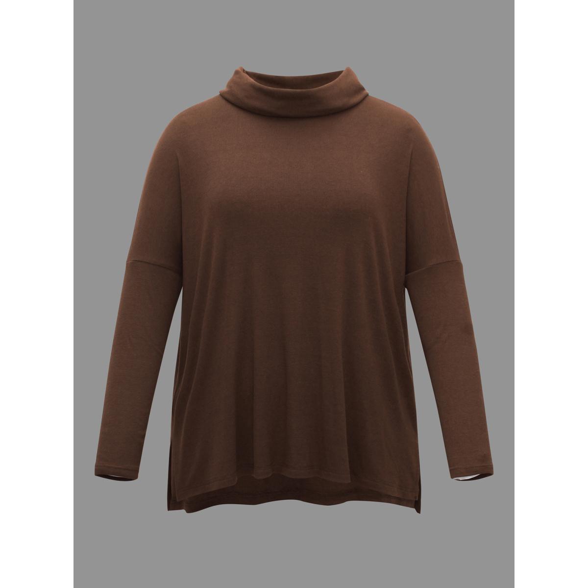 Plus Size Turtleneck Dolman Sleeve Split Hem T-shirt Browncoffeecolor Women Casual Slit Ruffled collar Loose Everyday T-shirts BloomChic 28/5X Product Image