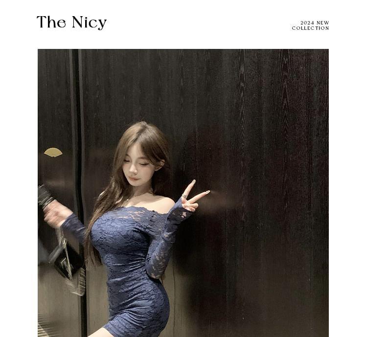 Long Sleeve Off Shoulder Plain Lace Mini Sheath Dress Product Image