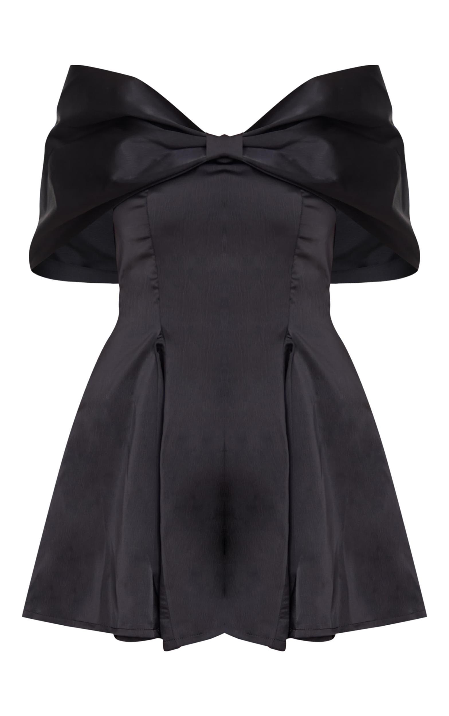 Premium Black Satin Extreme Bow Detail Romper Product Image