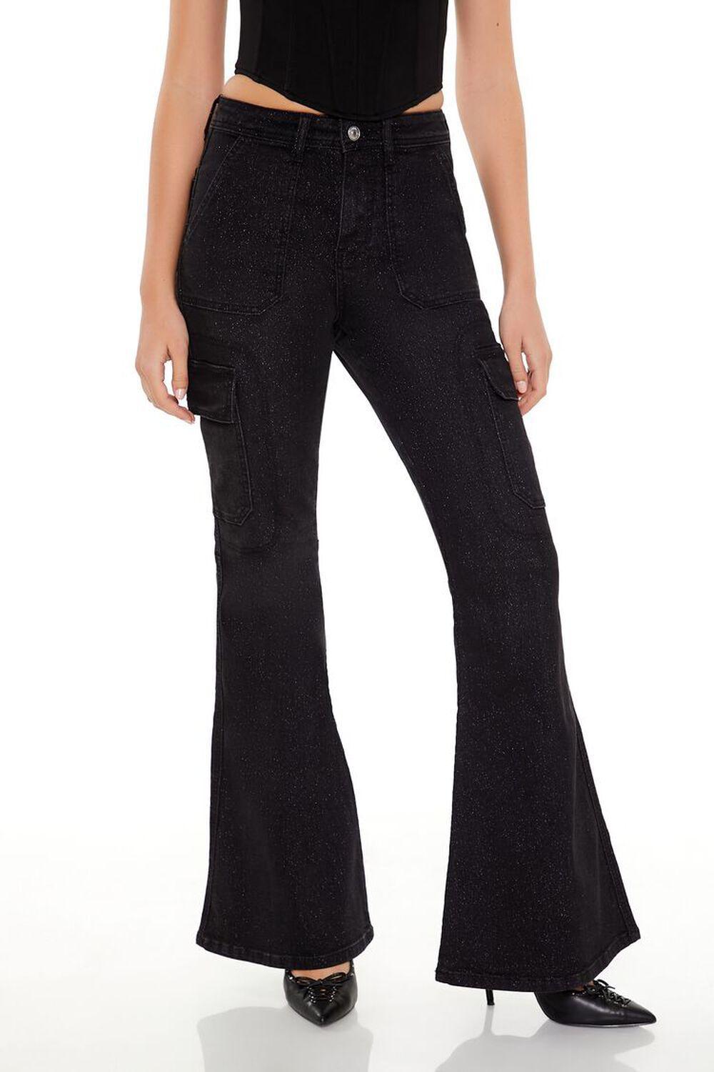 Metallic Sequin Flare Cargo Jeans | Forever 21 Product Image
